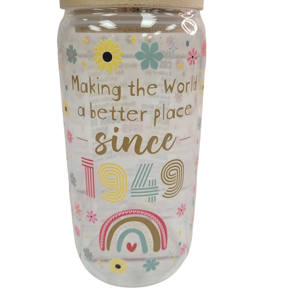 1949 Birthday Glass Tumbler Jar With Straw Lid Retro Gift NIB